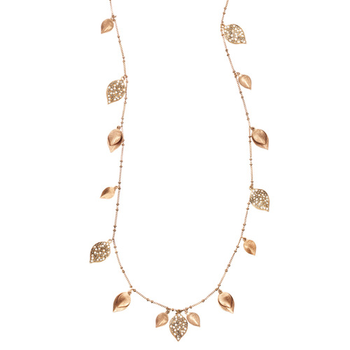 Pavé + Textured Leaves Long Necklace on a white background