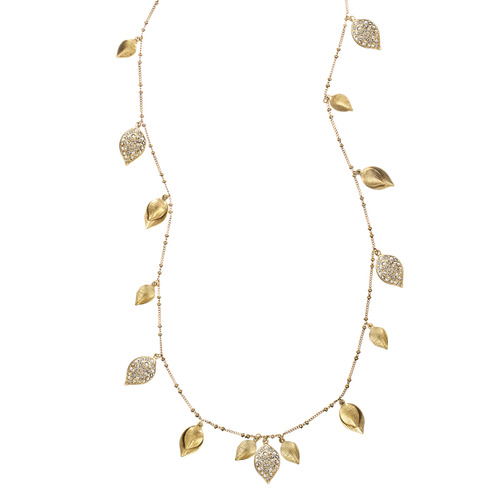 Pavé + Textured Leaves Long Necklace on a white background